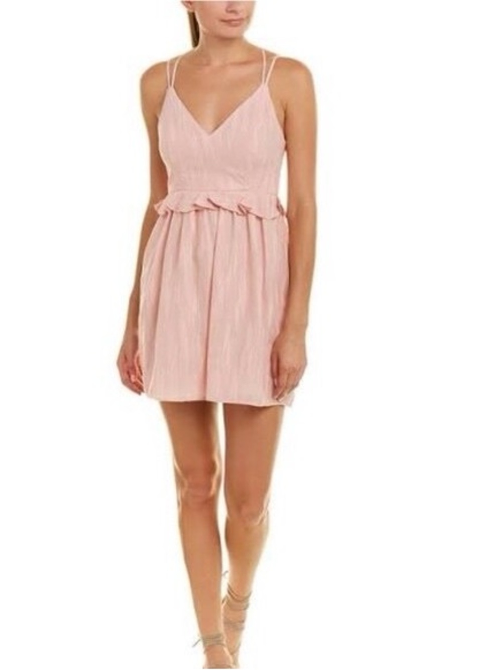 BCBGeneration Light Pink Double-Strap V-Neck Ruffle-Waist Mini Dress